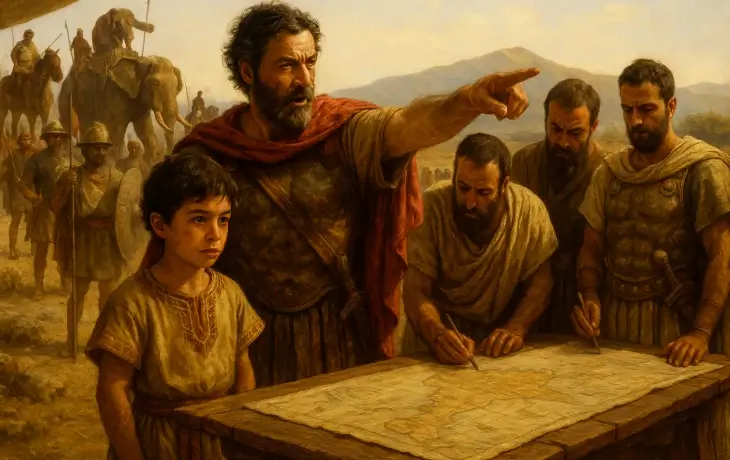 Hannibal’ın gençlik yıllarında komutanlar ve haritacılarla birlikte sefer planlarını izlediği, kamp alanında geçen tarihî bir sahne.